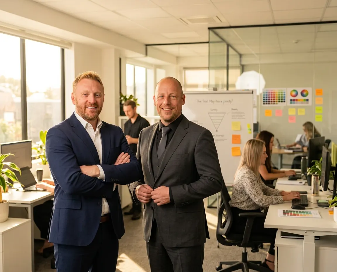 De oprichters van Sales Wing voor een whiteboard met een salesfunnel