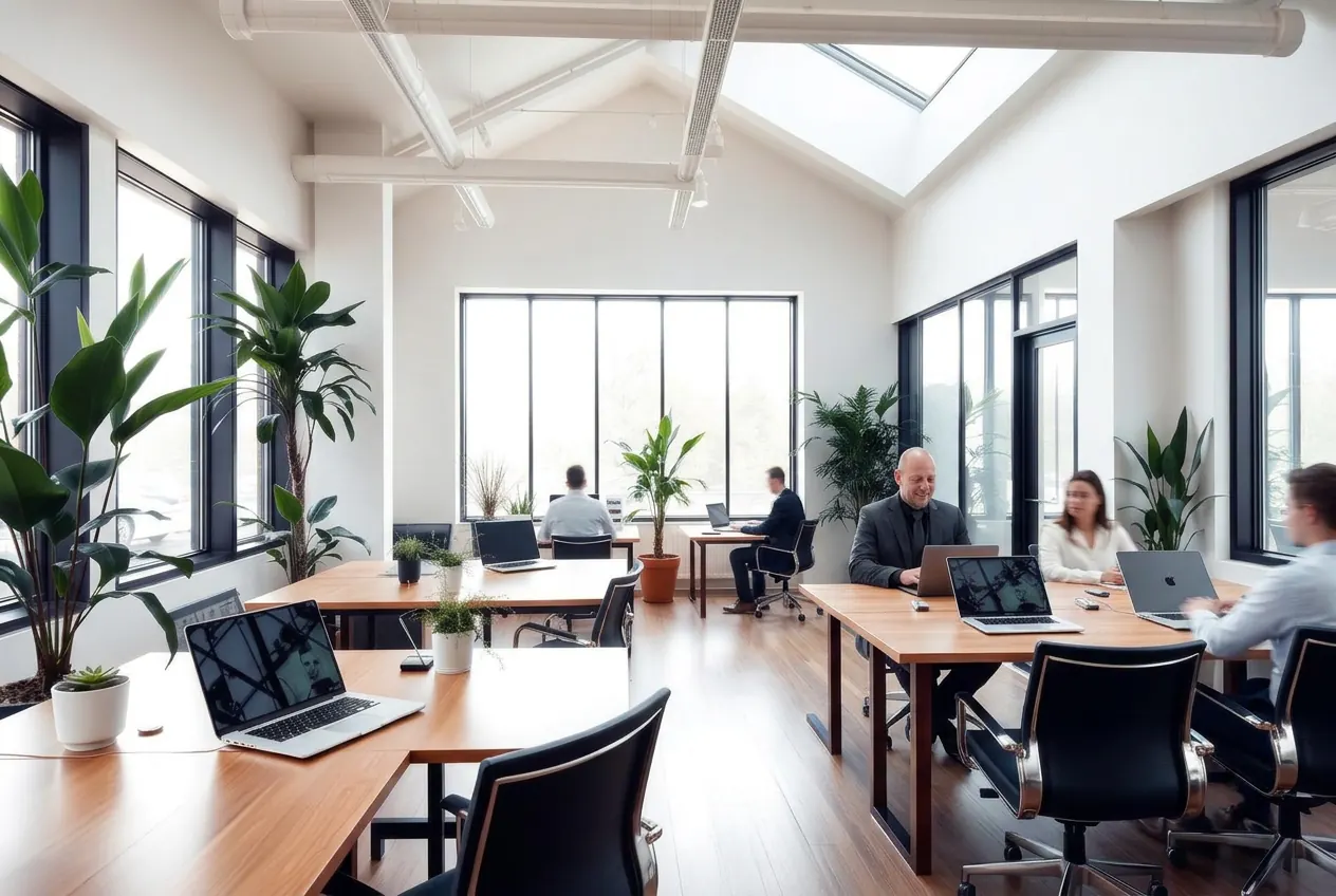 Professionals werken samen aan laptops in een moderne kantoorruimte