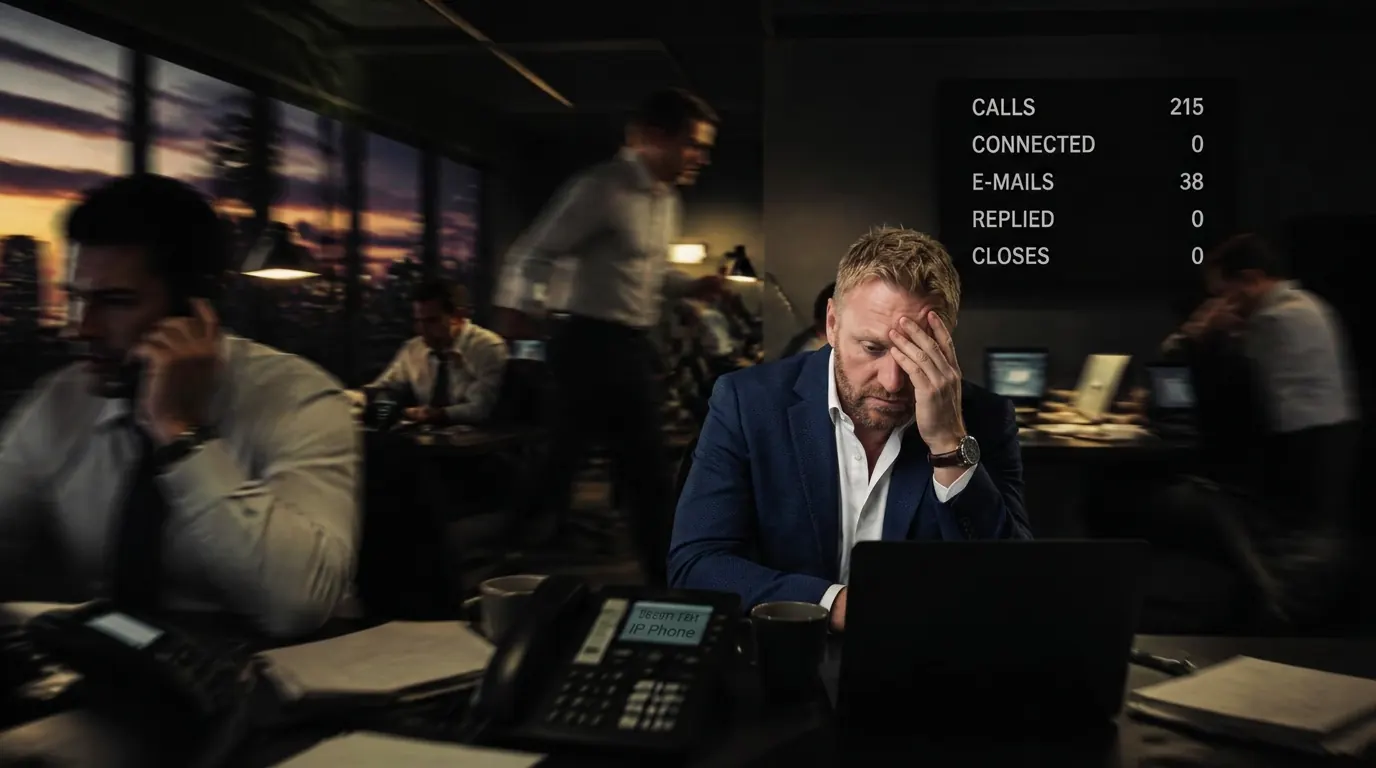 Een ondernemer in een donker pak zit bezorgd achter zijn laptop terwijl collega's bellen